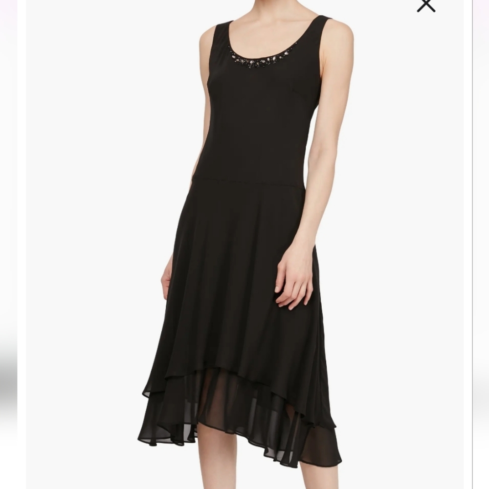 NWT SL Fashions 2-Piece Black Beaded Chiffon Dress w/Jacket Size 14 Petite
